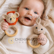 Crochet Baby Rattle with Wooden Ring Rabbit-Lion Rattle (Light-Cream Orange)