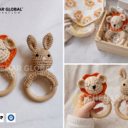 Crochet Baby Rattle with Wooden Ring Rabbit-Lion Teether Toys (Dark-Brown Orange)