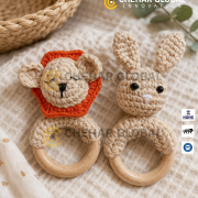 Crochet Baby Rattle with Wooden Ring Rabbit-Lion Rattle (Light-Cream Orange)