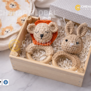 Crochet Baby Rattle with Wooden Ring Rabbit-Lion Teether Toys (Dark-Brown Orange)