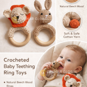 Crochet Baby Rattle with Wooden Ring Rabbit-Lion Teether Toys (Dark-Brown Orange)