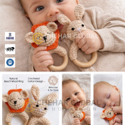 Crochet Baby Rattle with Wooden Ring Rabbit-Lion Rattle (Light-Cream Orange)