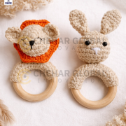 Crochet Baby Rattle with Wooden Ring Rabbit-Lion Rattle (Light-Cream Orange)